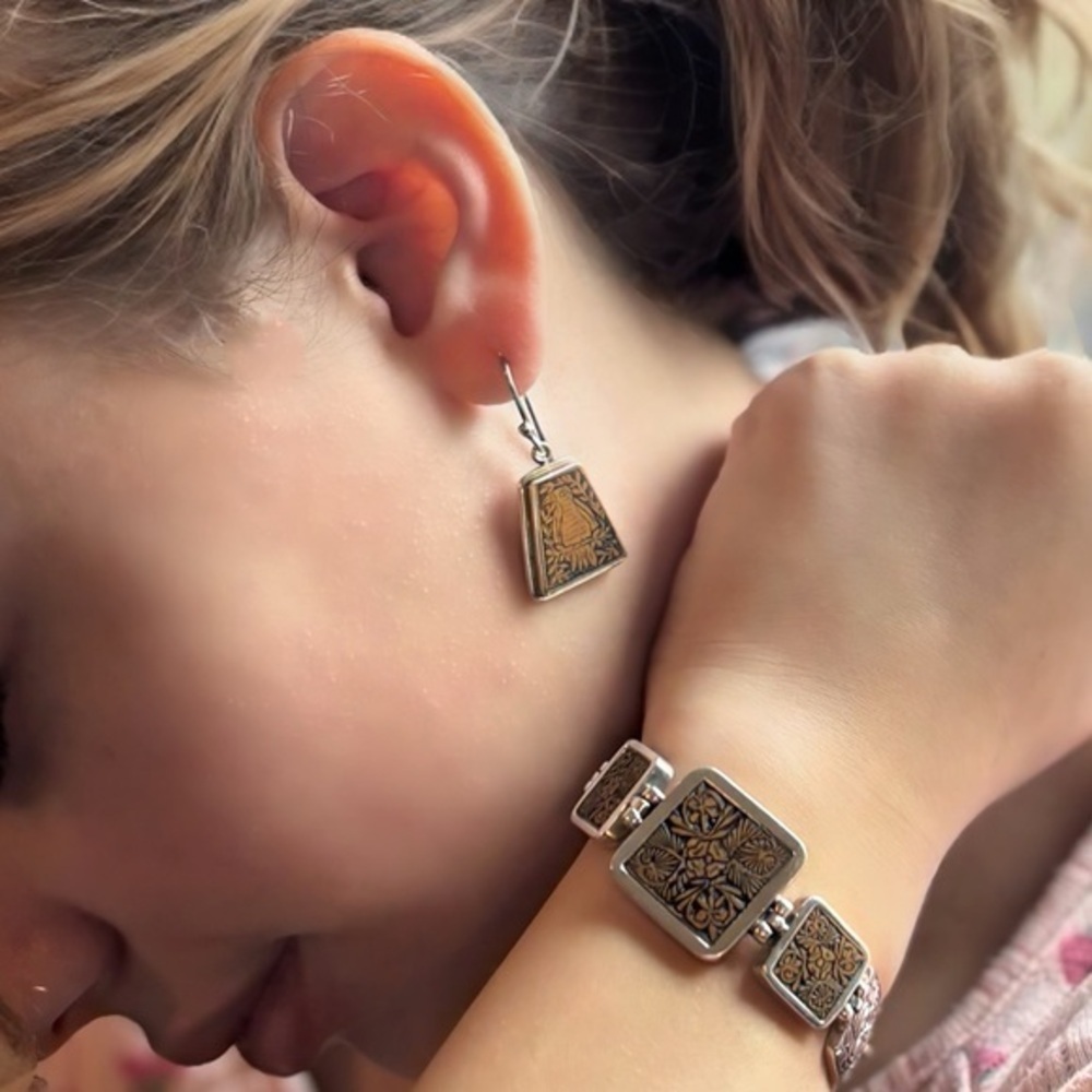Vintage 950 Silver Bracelet 925 Earring Set Hand Carved Artisan Bird Floral Boho